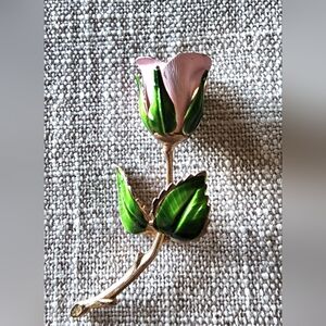 Vintage Giovanni Pink & Green Enamel Rose Stem Leaf Brooch.  Gold tone.